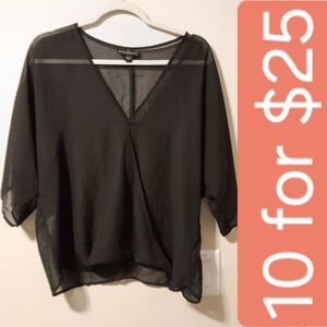 Metaphor Black Sheer Draped V-Neck Blouse